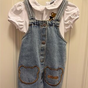 Moschino Kids Light Blue Denim Overalls with Bear Pockets
